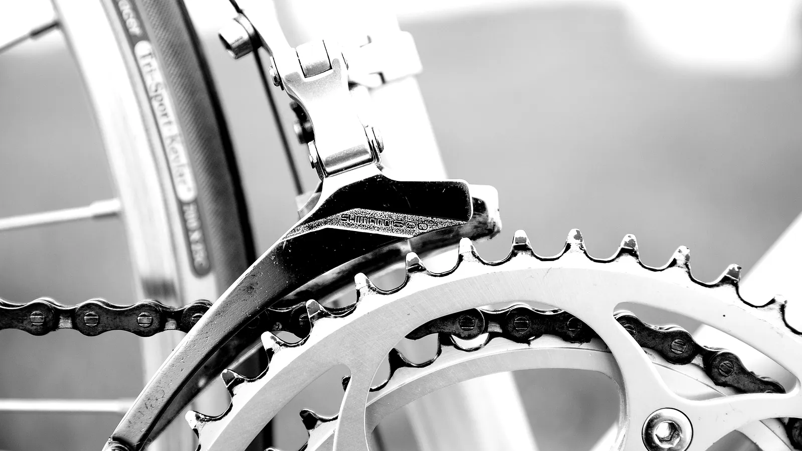 Close-up of a road bicycle crankset: chain, front derailleur cage and the toothed outer chainring, in black and white.