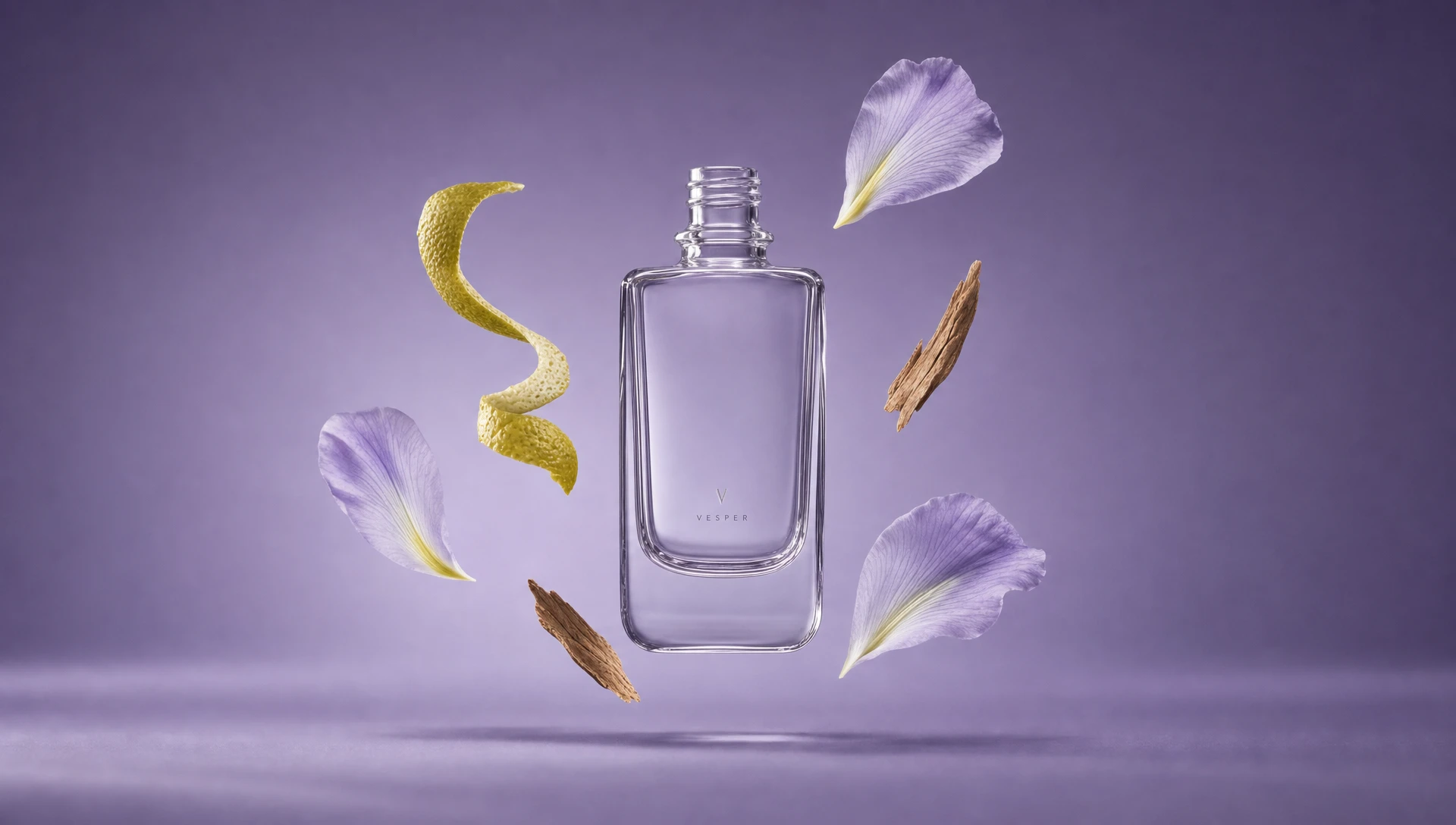 Bergamot peel, lilac iris petals and cedar slivers suspended around the Vesper bottle